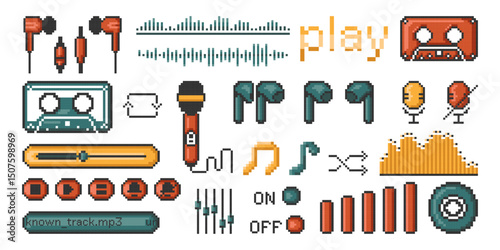 Pixel music icons set. Set with cassette, headphones, player buttons, microphone, music note, equalizer sound volume. Set of 8 bit music elements.