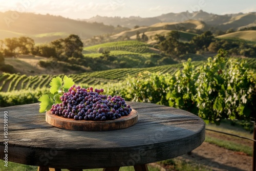Stunning Vineyard Landscape With Fresh Grapes on a Wooden Table at Sunset in ...