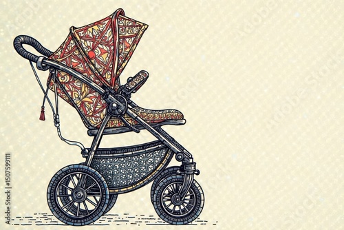 Intricate stroller line art, geometric pattern, neutral tones, dark, tones, white