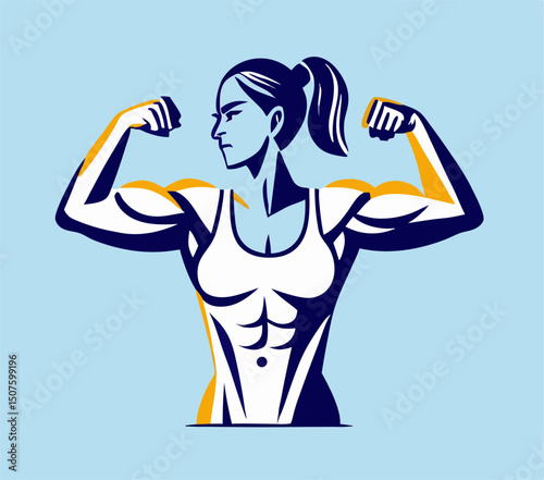Muscular Woman Flexing Biceps, Strong Female Athlete Illustration