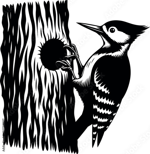 Woodpecker Pecking at Tree in Black and White Illustration