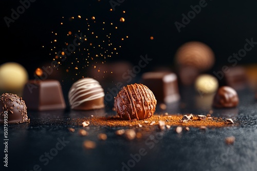 Assorted Chocolate Truffles Displayed With Vibrant Gold Sparkles and Dark Bac...