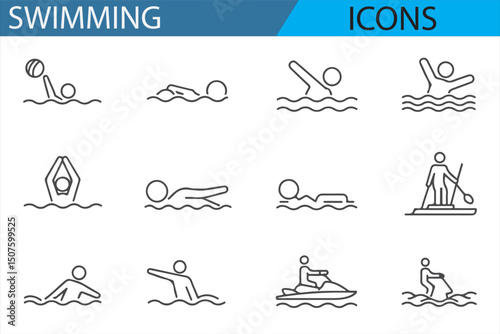 Vector Swimming Icons: Water Polo, Strokes, and Jet Skiing