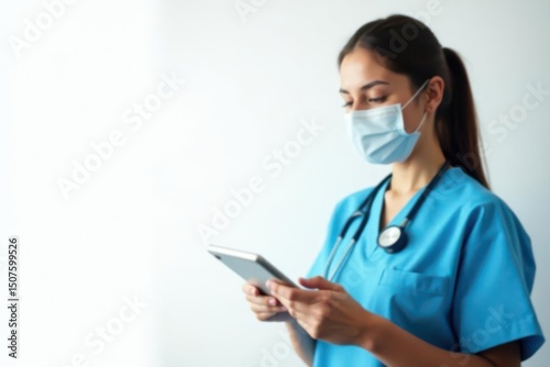 Veterinarian in scrubs, examining tools on white background, clinical setting, animal care
