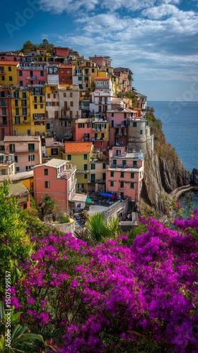 Vibrant Coastal Village With Colorful Buildings and Blooming Flowers in a Sun...
