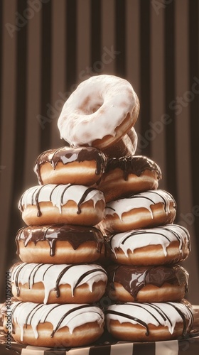 Delicious Stack of Chocolate and Cream Donuts on Wooden Surface