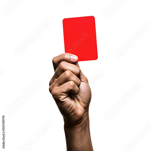 A raised hand holds a red card, indicating a penalty, on a transparent background