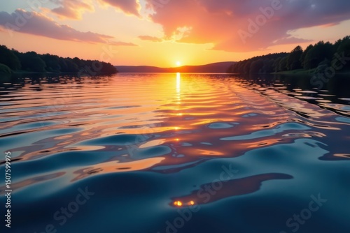 Rippling water surface forming intricate patterns on a lake at sunset , surface, stock