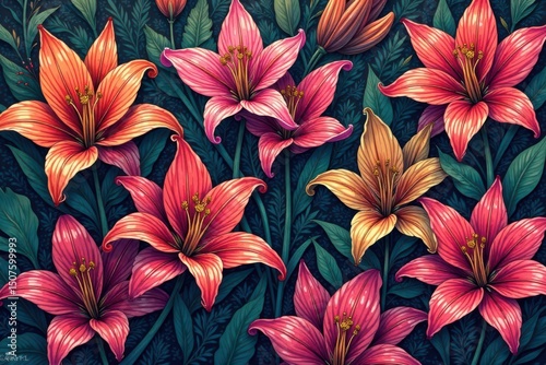 Intricate line art lilies form a dense, geometric pattern , seamless, design
