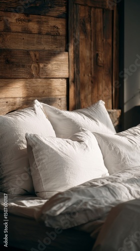 Pillows Stacked on a Bed Illuminated by Soft Morning Light in a Cozy Bedroom