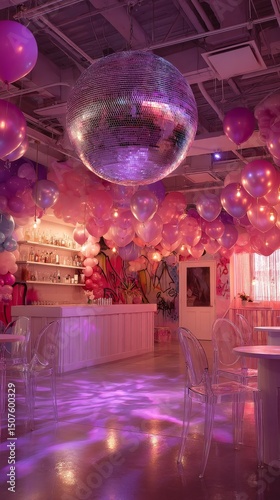 Elegant Party Venue Adorned With Pink Balloons and Shimmering Disco Ball at N...