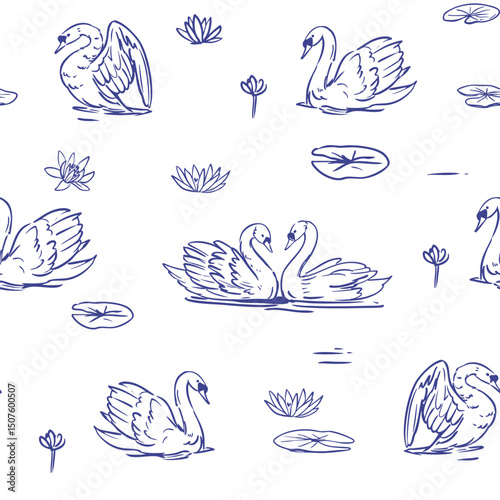 Swan, seamless pattern, vector sketch illustrations, hand drawn, monochrome