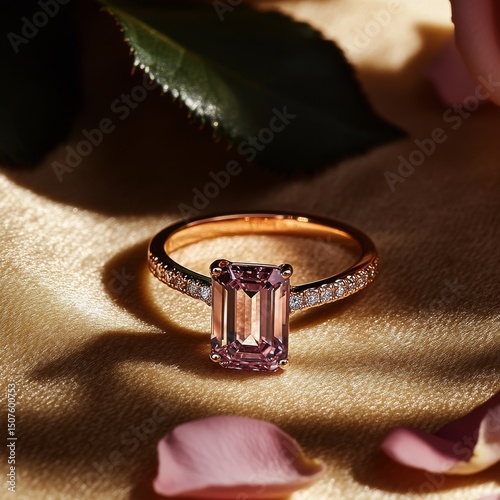 Elegant Pink Ring on Golden Fabric Surrounded by Rose Petals in a Soft Light ...