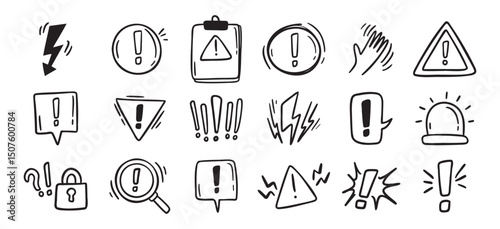 Warnings related hand drawn doodle simple icons set. Vector line drawing warnings related icons.