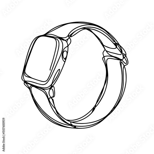 Minimalist line art of a smartwatch on a white background, showcasing modern design and technology, concept of digital accessories or tech gadgets