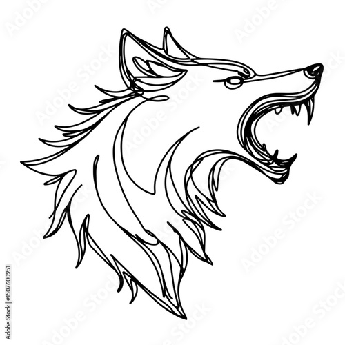 Aggressive howling wolf illustration with sharp teeth, wild expression, on a minimalist white background, bold concept of wildlife art or animal conservation