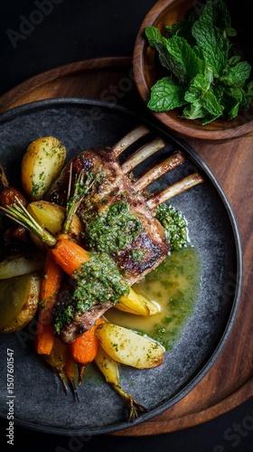 Savory Grilled Lamb Chops With Roasted Vegetables and Mint Garnish on a Rusti...