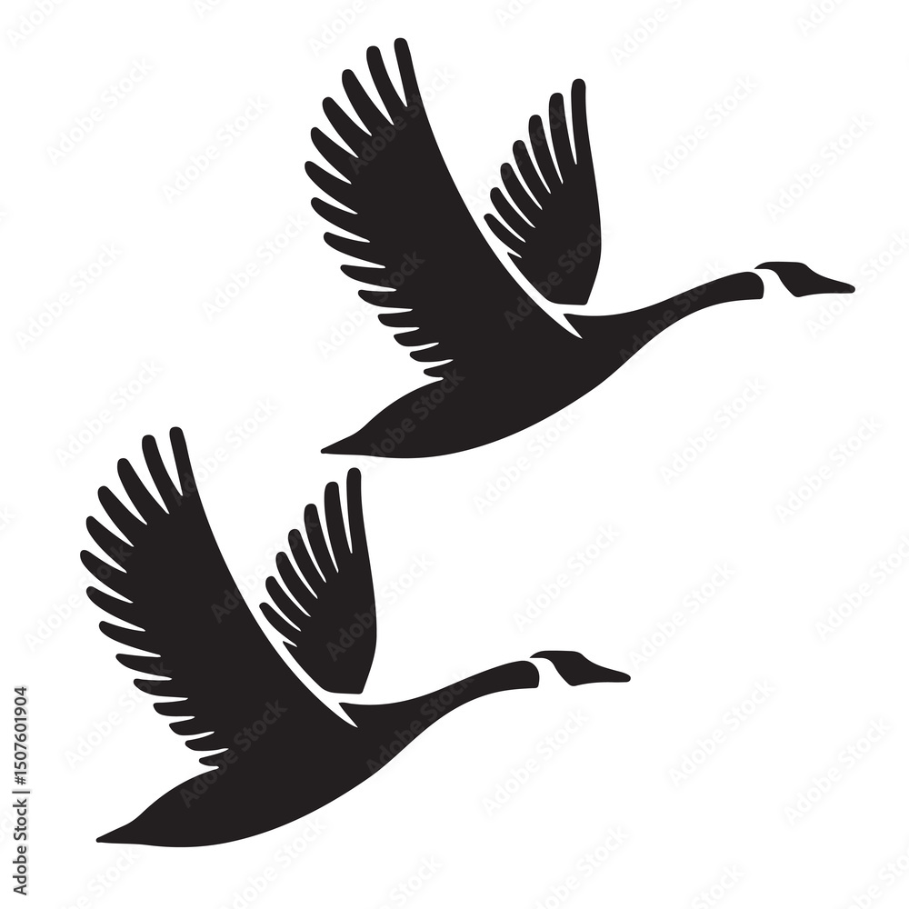 Obraz premium Flying goose silhouette vector illustration with wings spread