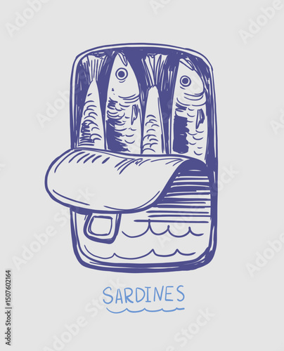 Sardines in a can, fish, seafood, vector illustration set, hand drawn sketch