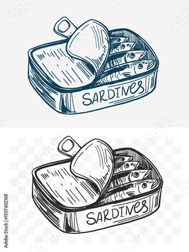 Sardines in a can, fish, seafood, vector illustration set, hand drawn sketch