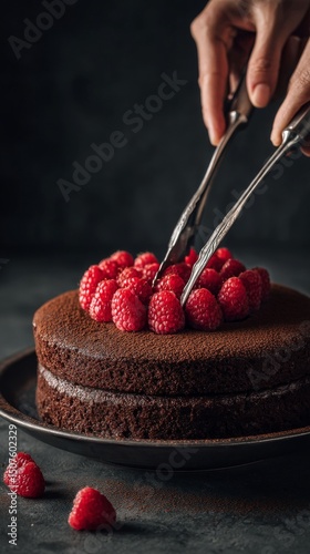 Chocolate Cake Being Decorated With Fresh Raspberries During a Dessert Prepar...