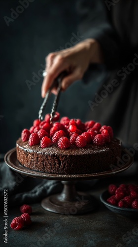 Chocolate Cake Topped With Fresh Raspberries on a Dark Textured Background
