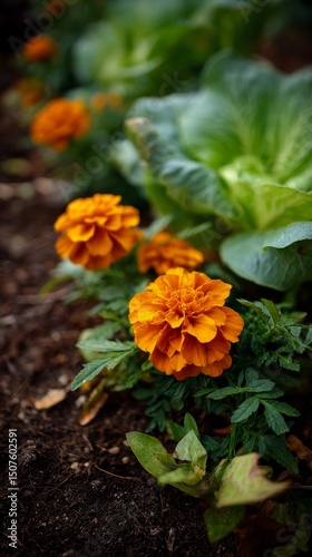 Bright Marigold Flowers Bloom Among Green Cabbage Leaves in a Backyard Garden
