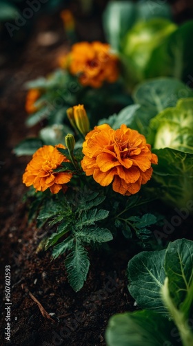 Bright Marigold Flowers Bloom Among Green Cabbage Leaves in a Backyard Garden
