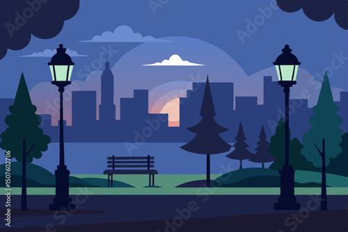 Urban night landscape vector illustration with a dark town silhouette and moonlit sky