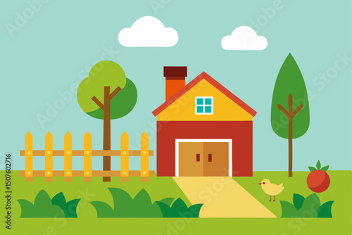 Rural landscape illustration with a summer country house and trees under a clear sky
