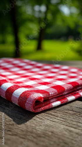Red and White Checkered Picnic Cloth on Wooden Table in a Lush Outdoor Settin...
