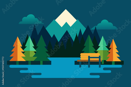 A vector illustration of a festive winter forest scene with snow-covered pine trees and a cozy house under a starry night sky, perfect for a holiday card