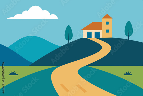 Mountain road leading to a cartoon city with a village and green trees under a summer sky