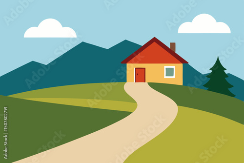 Rural landscape illustration with a cartoon house on a hill, surrounded by nature, trees, and grass under a summer sky