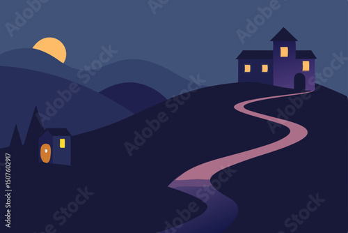 Scary Halloween night landscape with a haunted house silhouette under a dark moonlit sky