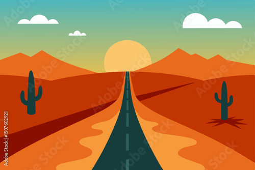 Vector illustration of a desert landscape with trees and mountains under a sunset sky