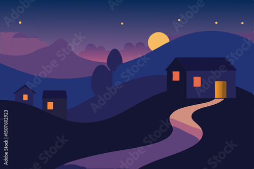 Dark haunted house silhouette under a starry moonlit city night sky illustration