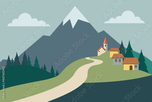 Vector illustration of a mountain village landscape with houses and trees