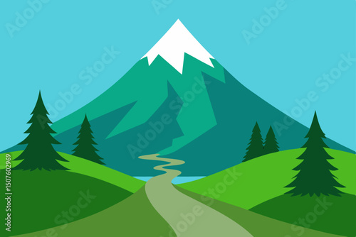 Mountain winter landscape vector illustration with snow-covered trees and sky