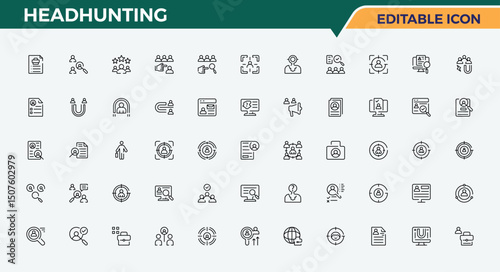 Set of Headhunting line icon. Containing hunting, human resources, vacancy, recruitment, job, employee and more. Modern thin line style icons. Job icon set. Editable vector illustration.
