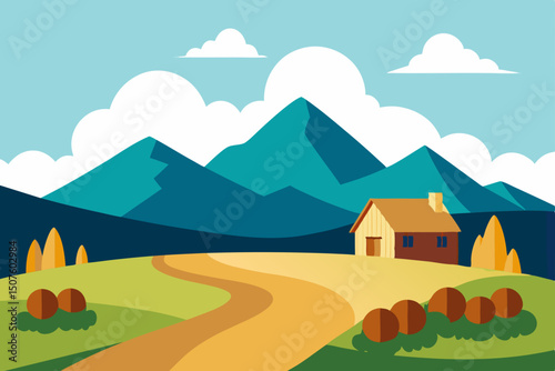Vector illustration of a rural landscape with mountains, green grass, and a blue sky with clouds