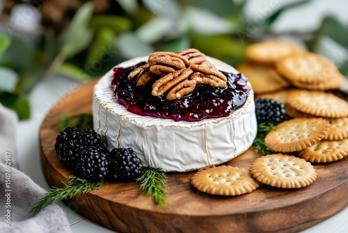 Delicious Brie Cheese Topped With Berries and Pecans Served on Wooden Board W...
