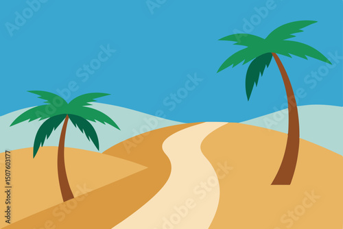 Tropical palm trees frame a serene beach with an azure ocean and golden sand under a summer sky