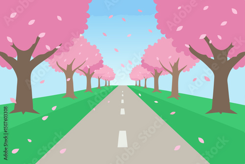 Road through a vibrant spring and summer park landscape with green grass, trees, and colorful cherry blossoms under a blue sky, perfect for nature illustration design