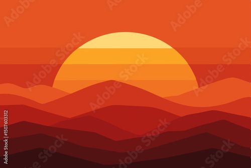 Vibrant orange summer sunset over a desert mountain landscape with clouds and a lone tree silhouette
