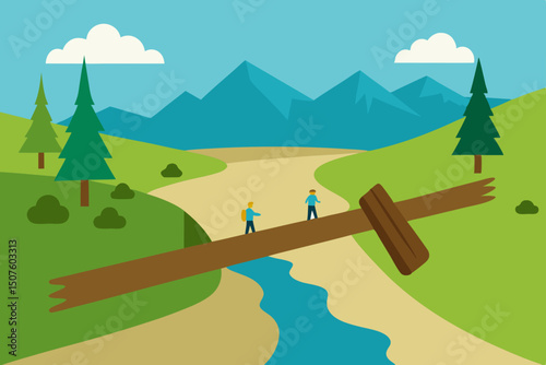 Green grass and summer sky frame an idyllic vector illustration of a mountain landscape with trees, a road, and a sunlit meadow