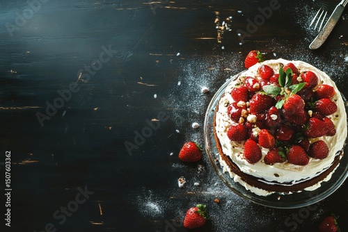 Delicious Chocolate Cake Topped With Fresh Strawberries and Cream Ready for D...