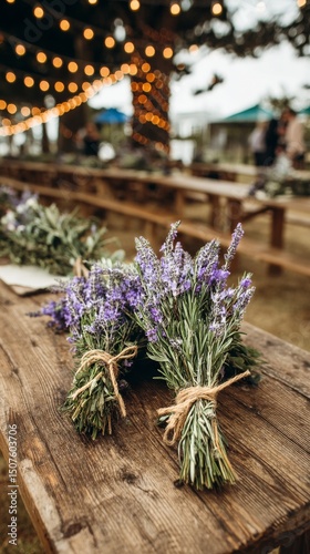Lavender Bouquets Arranged on a Rustic Table at an Outdoor Market During a Su...