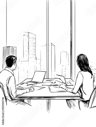 Bankers reviewing sustainability reports, vector graphic