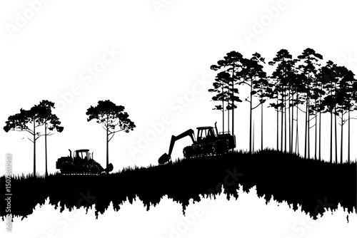 Bulldozers destroying ancient forest canopy, vector illustration